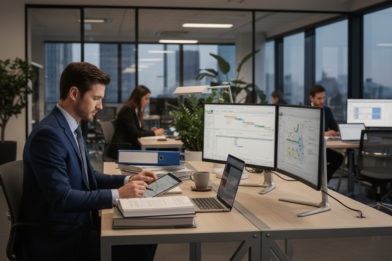 IT consultant reviewing project plans and documentation