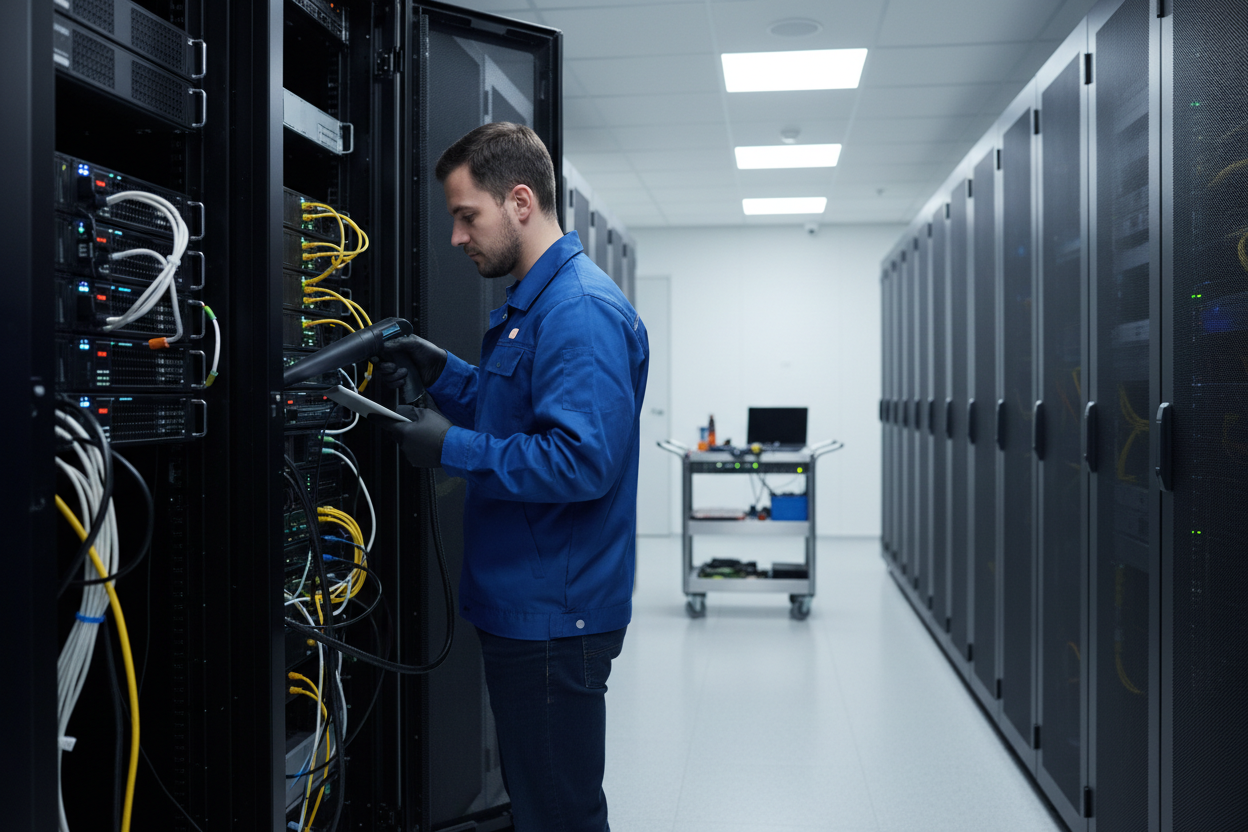 Support technician maintaining IT equipment