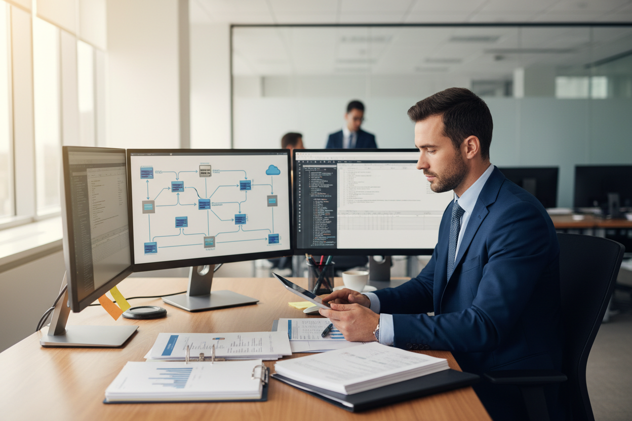 IT consultant reviewing infrastructure documentation