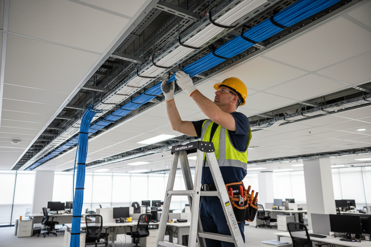 Technician installing network cables professionally