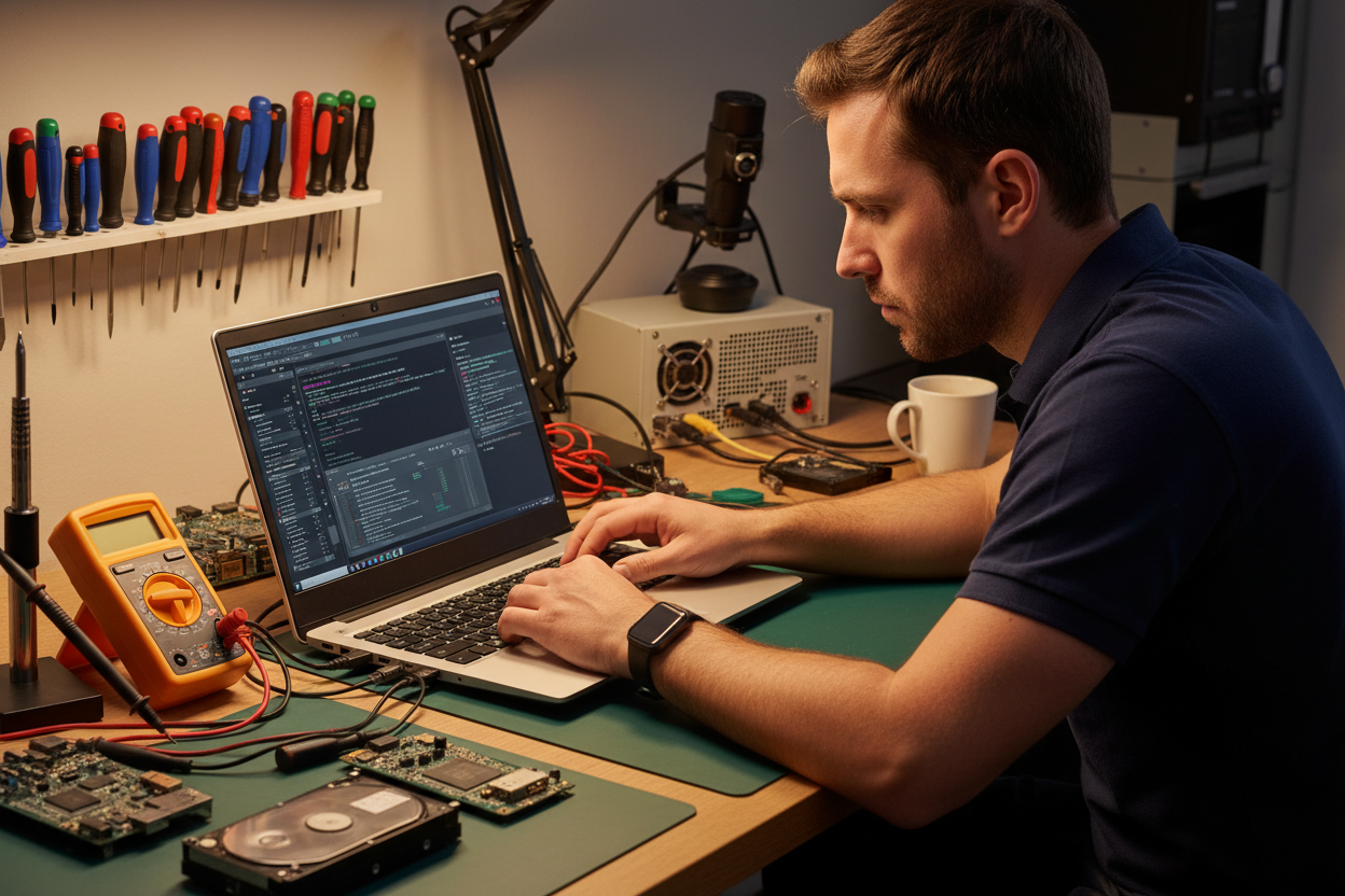 Technician optimizing laptop performance
