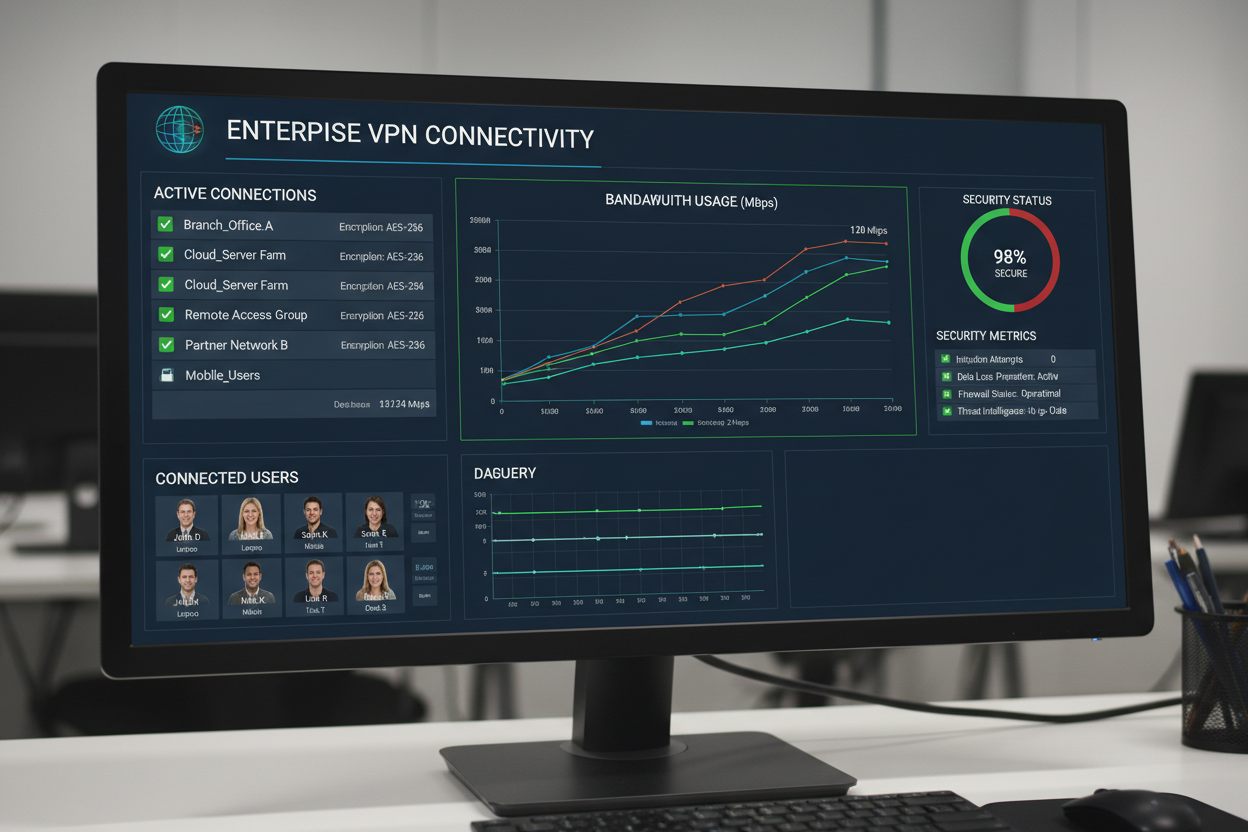 VPN connection dashboard with security metrics