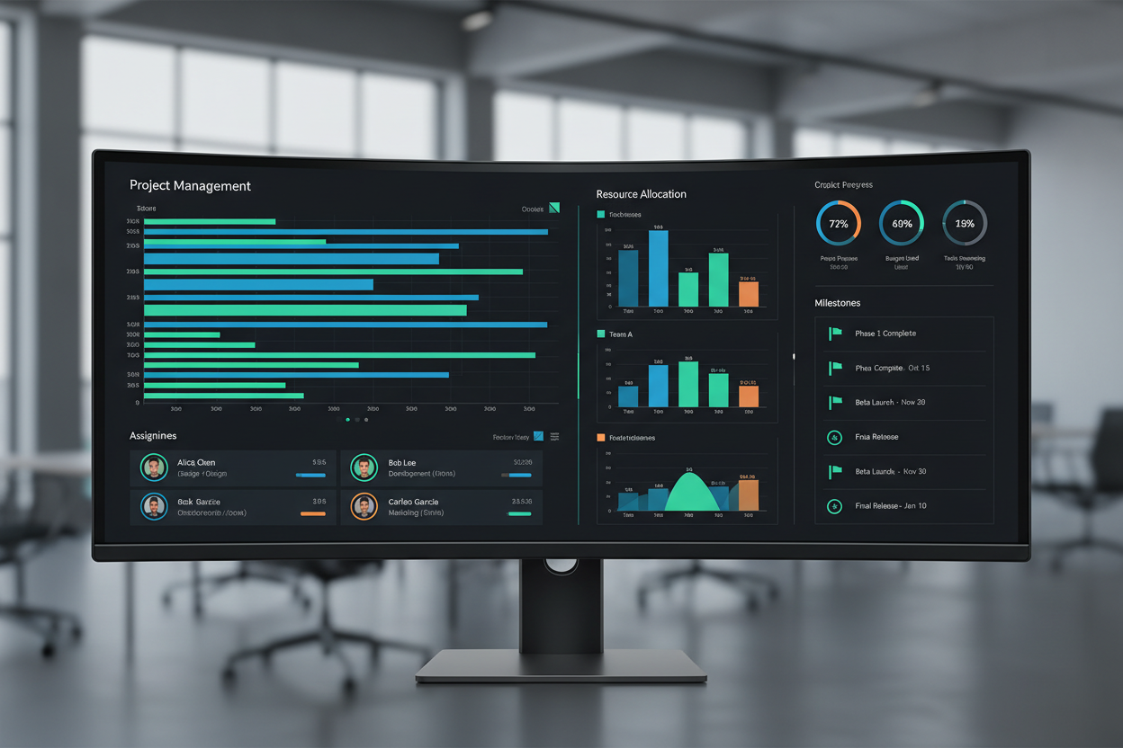 Project management dashboard with timelines and metrics