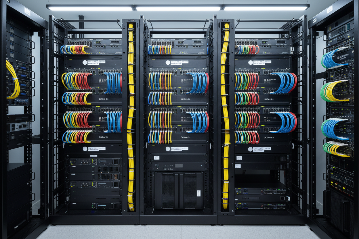 Organized network closet with professional cabling